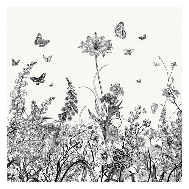 Fototapete - Große Blumen mit Schmetterlingen in Schwarz