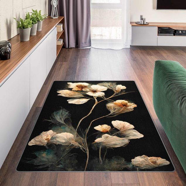 Moderner Teppich Helle Blüten auf Schwarz