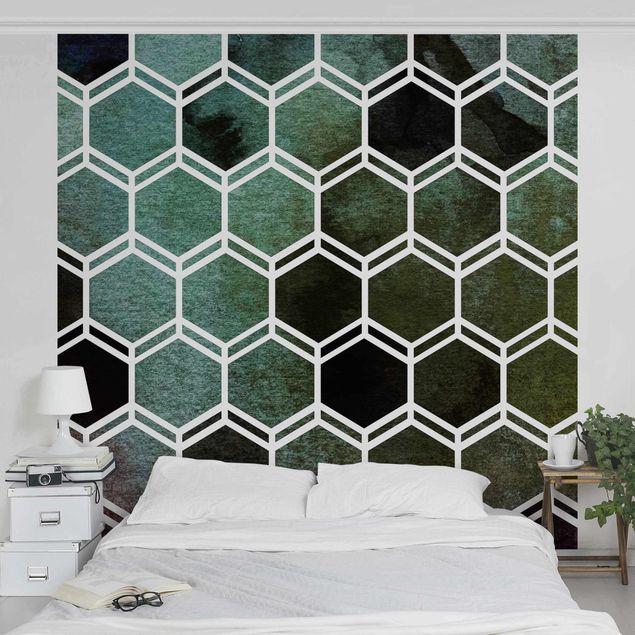 Tapete geometrische Muster Hexagonträume Aquarell in Grün