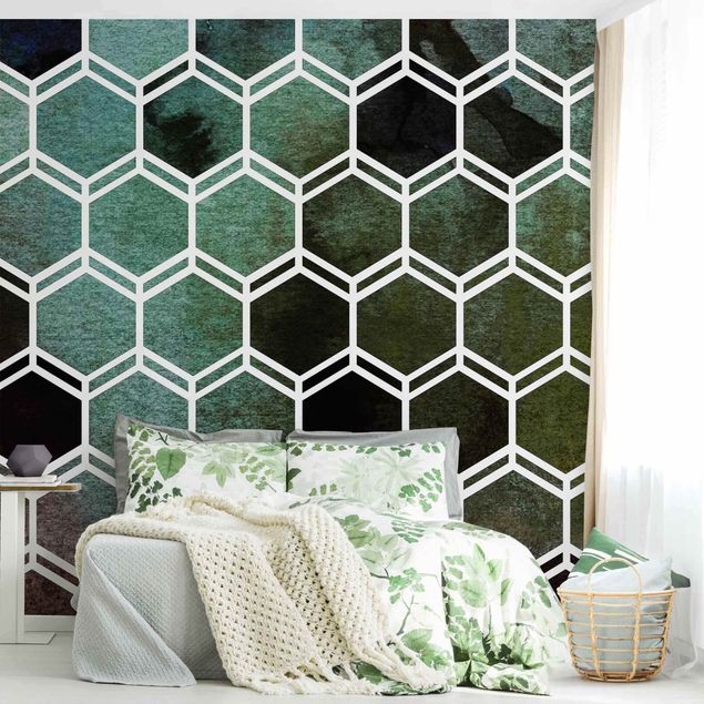 Tapeten mit Muster Hexagonträume Aquarell in Grün