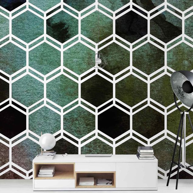 Design Tapeten Hexagonträume Aquarell in Grün