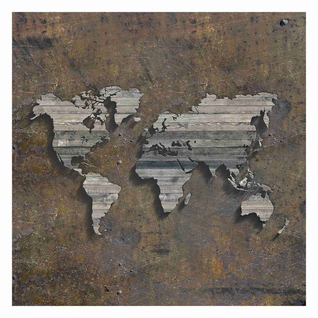 Fototapete selbstklebend Holz Rost Weltkarte