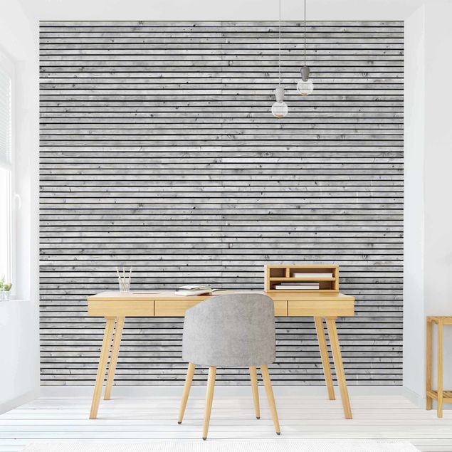 Design Tapeten Holzwand mit schmalen Leisten schwarz weiß