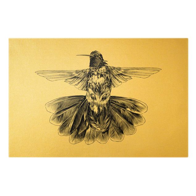 Leinwandbild - Illustration fliegender Kolibri Schwarz - Querformat 3:2