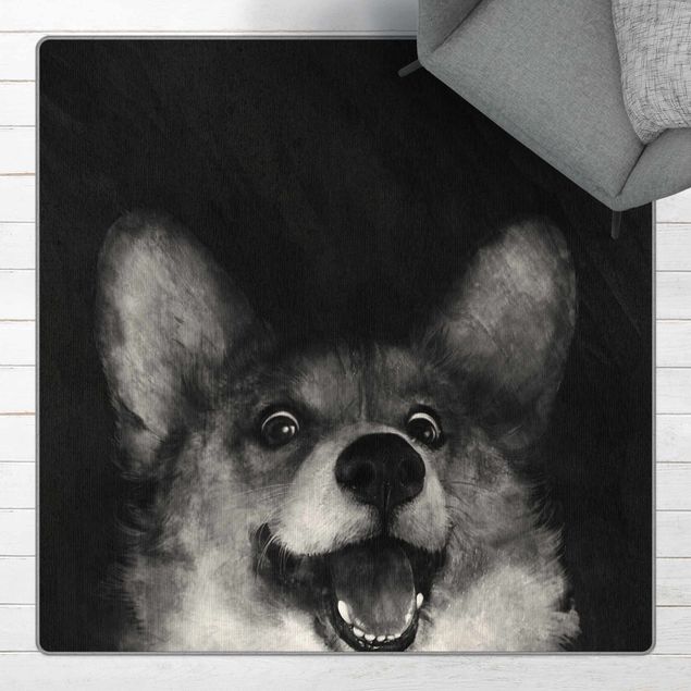 Kinderteppich Illustration Hund Corgi Malerei Schwarz Weiß