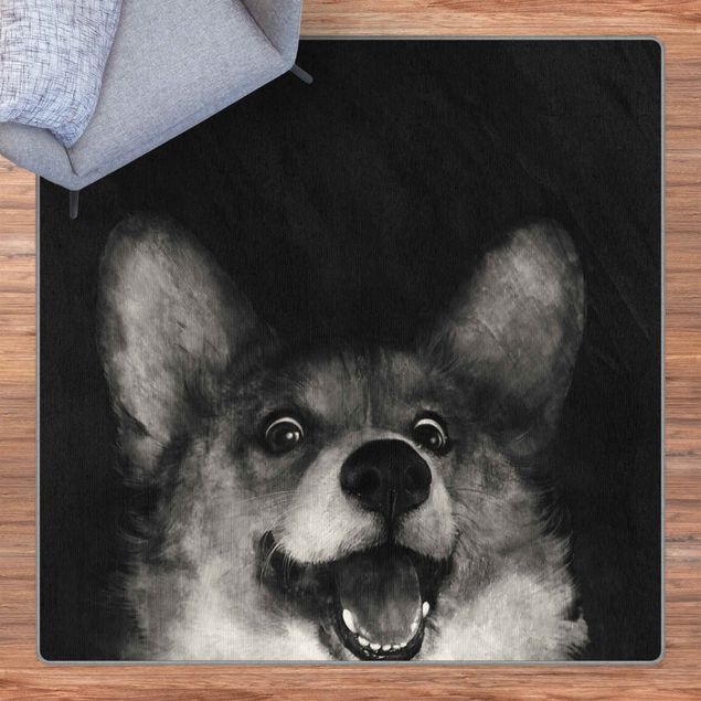 Moderner Teppich Illustration Hund Corgi Malerei Schwarz Weiß