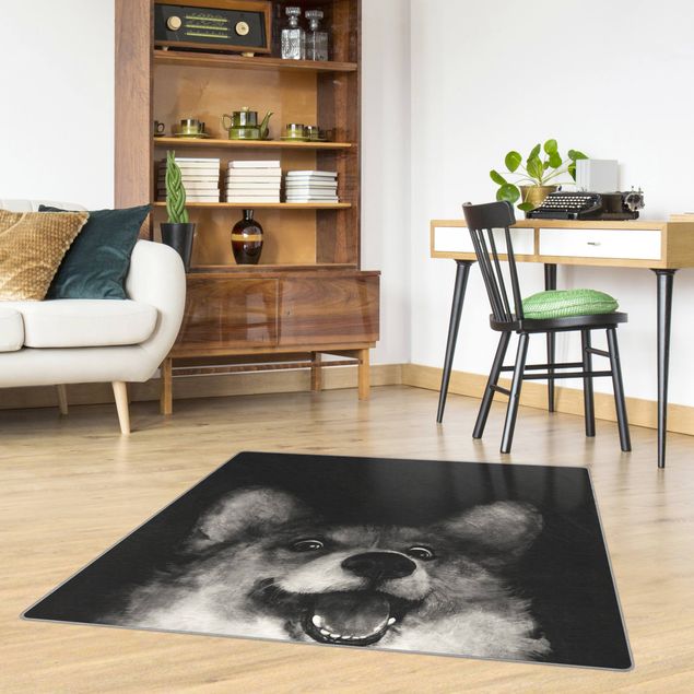 Kinderteppich Tiere Illustration Hund Corgi Malerei Schwarz Weiß