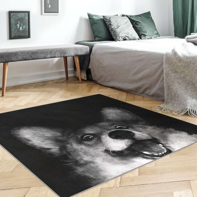 Teppich schwarz-weiß Illustration Hund Corgi Malerei Schwarz Weiß