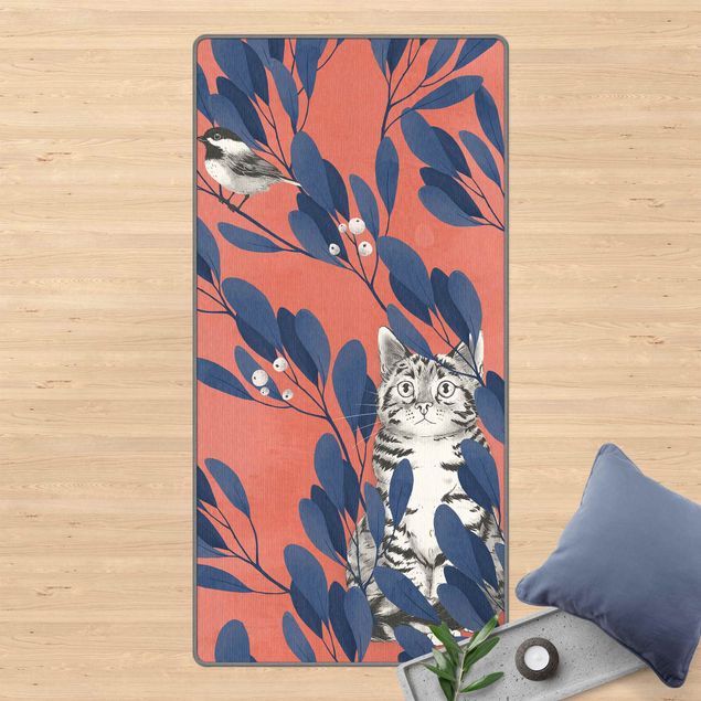 Moderner Teppich Illustration Katze und Vogel auf Ast Blau Rot