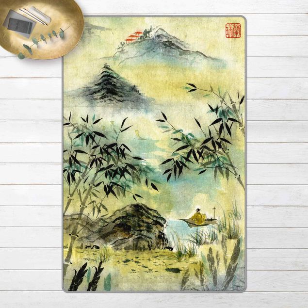 Moderne Teppiche Japanische Aquarell Zeichnung Bambuswald