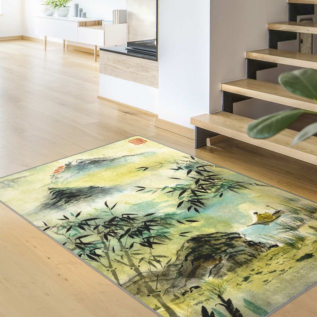 Teppich gelb Japanische Aquarell Zeichnung Bambuswald