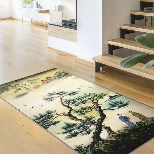 Moderner Teppich Japanische Aquarell Zeichnung Kiefer und Bergdorf