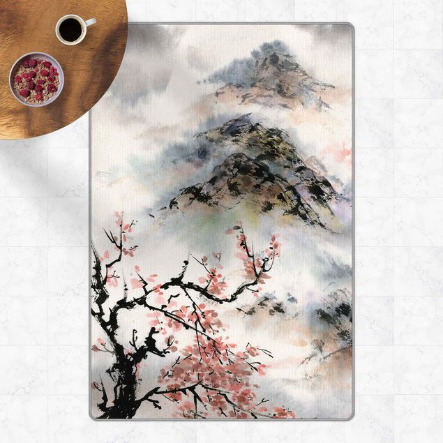 Teppich Blumenmuster Japanische Aquarell Zeichnung Kirschbaum und Berge
