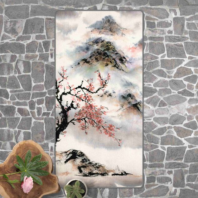 Wald Teppich Japanische Aquarell Zeichnung Kirschbaum und Berge