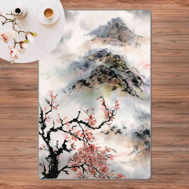 Wald Teppich Japanische Aquarell Zeichnung Kirschbaum und Berge