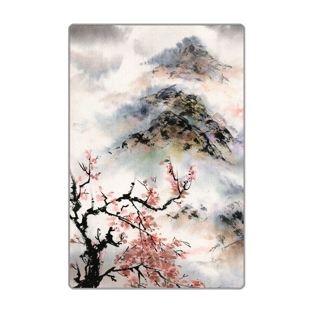 Teppich - Japanische Aquarell Zeichnung Kirschbaum und Berge