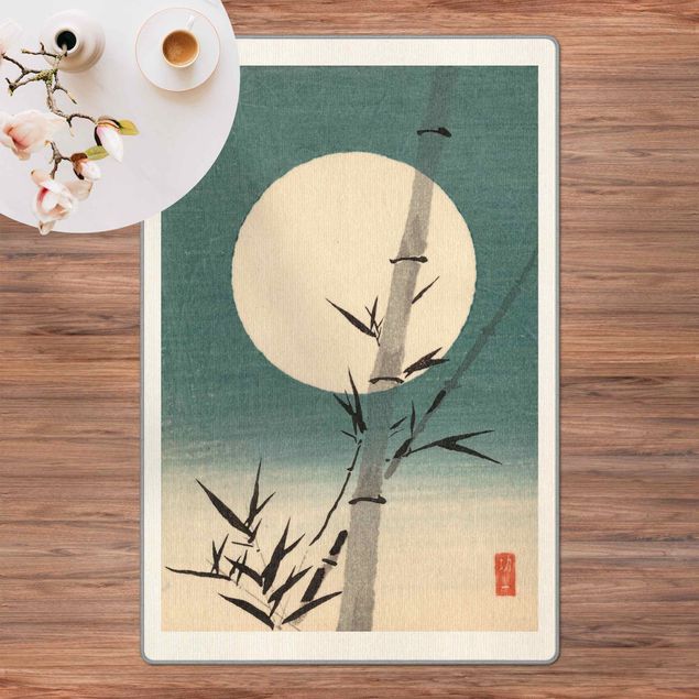 Blauer Teppich Japanische Zeichnung Bambus und Mond