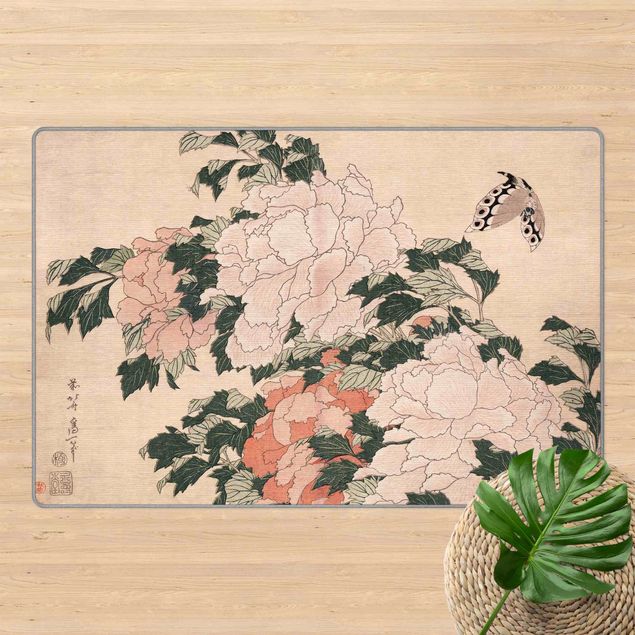 Teppich Blumen Katsushika Hokusai - Rosa Pfingstrosen mit Schmetterling
