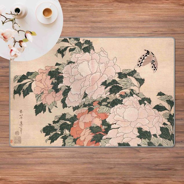 Teppich rosa Katsushika Hokusai - Rosa Pfingstrosen mit Schmetterling
