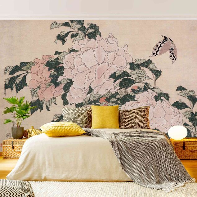 Fototapete Blumen Katsushika Hokusai - Rosa Pfingstrosen mit Schmetterling