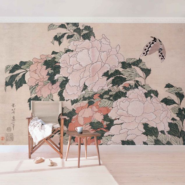 Design Tapeten Katsushika Hokusai - Rosa Pfingstrosen mit Schmetterling