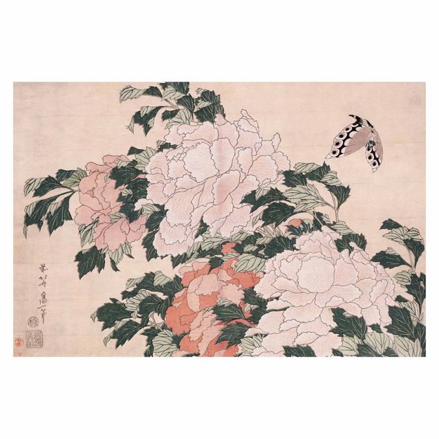 Tapeten kaufen Katsushika Hokusai - Rosa Pfingstrosen mit Schmetterling