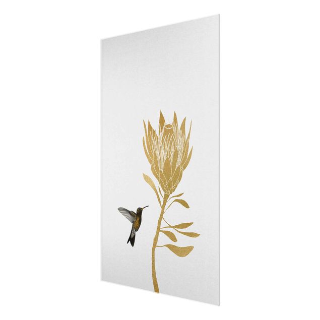 Glasbild - Kolibri und tropische goldene Blüte - Hochformat