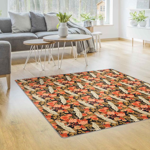 Moderne Teppiche Kraniche und Chrysanthemen Schwarz