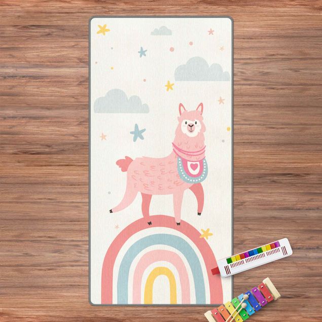 Moderne Teppiche Lama auf Regenbogen mit Sternen und Pünktchen