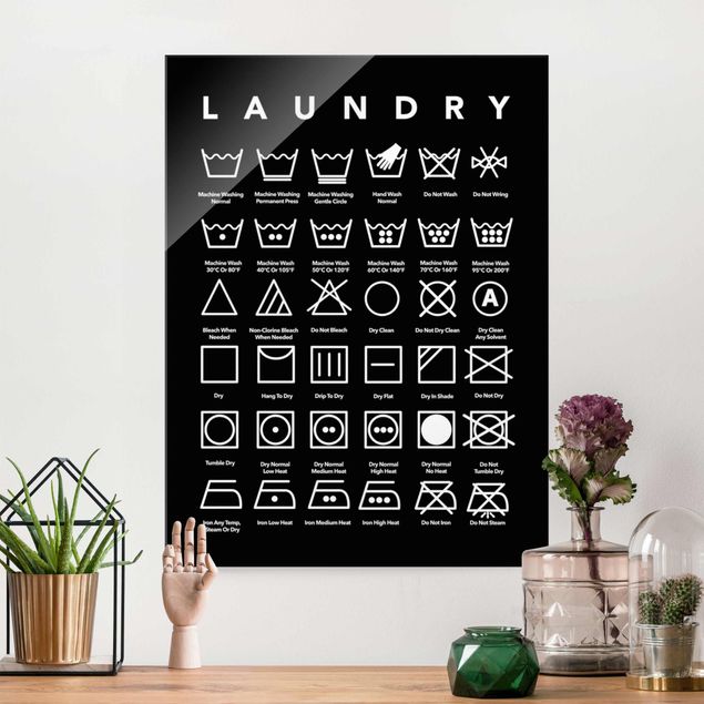 Glas Wandbilder XXL Laundry Symbole Schwarz-Weiß