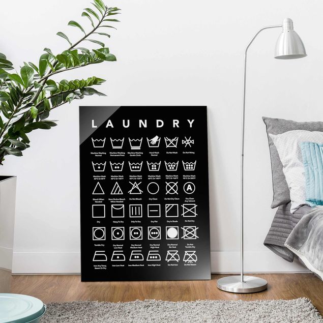 Glasbilder Sprüche Laundry Symbole Schwarz-Weiß