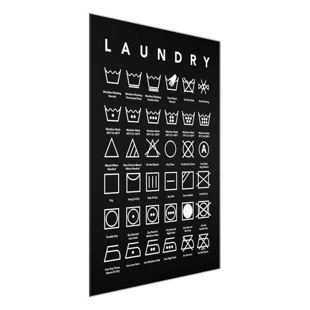 Glas Wandbilder Laundry Symbole Schwarz-Weiß