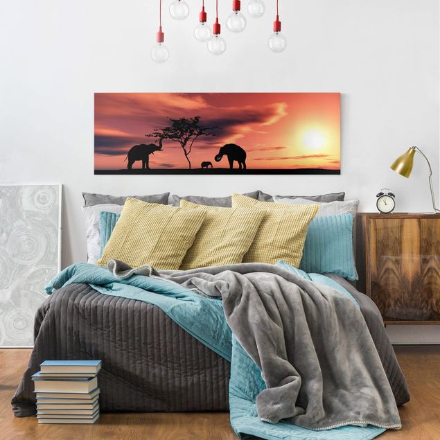 Afrika Leinwandbild African Elefant Family - Rot, Schwarz, Panorama Quer