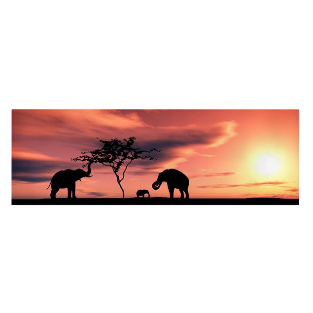 Afrika Leinwandbild African Elefant Family - Rot, Schwarz, Panorama Quer