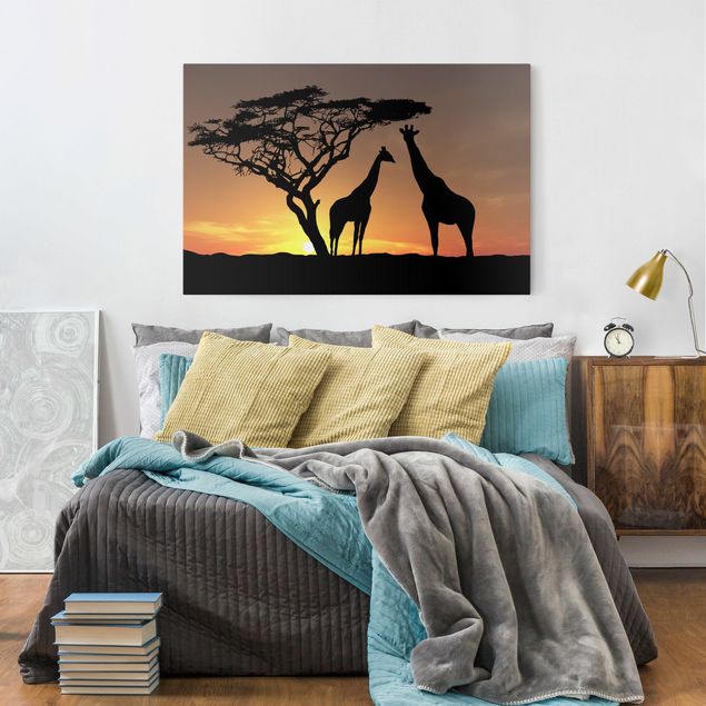 Afrika Leinwandbild African Sunset - Giraffen, Gelb, Schwarz, Quer 3:2