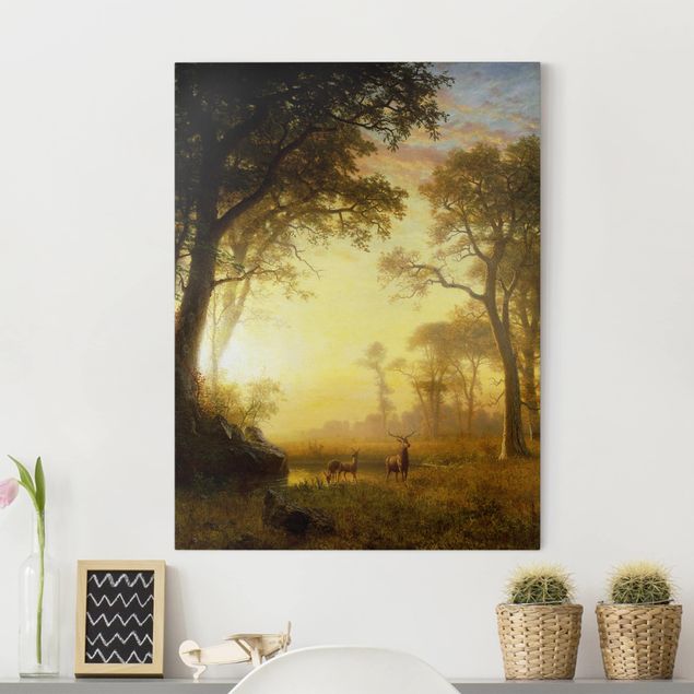 Leinwandbild Hirsch Albert Bierstadt - Sonnenbeschienene Lichtung
