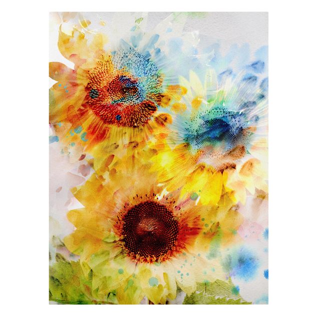 Leinwandbild - Aquarell Blumen Sonnenblumen - Hoch 3:4