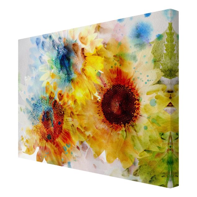 Leinwandbild - Aquarell Blumen Sonnenblumen - Quer 4:3