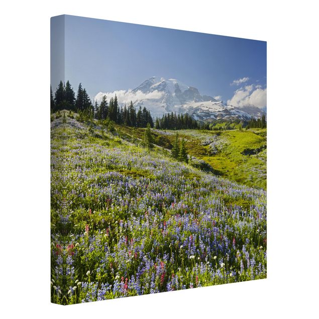 Leinwandbild - Bergwiese mit Blumen vor Mt. Rainier - Quadrat 1:1
