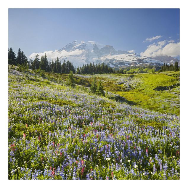 Leinwandbild - Bergwiese mit Blumen vor Mt. Rainier - Quadrat 1:1
