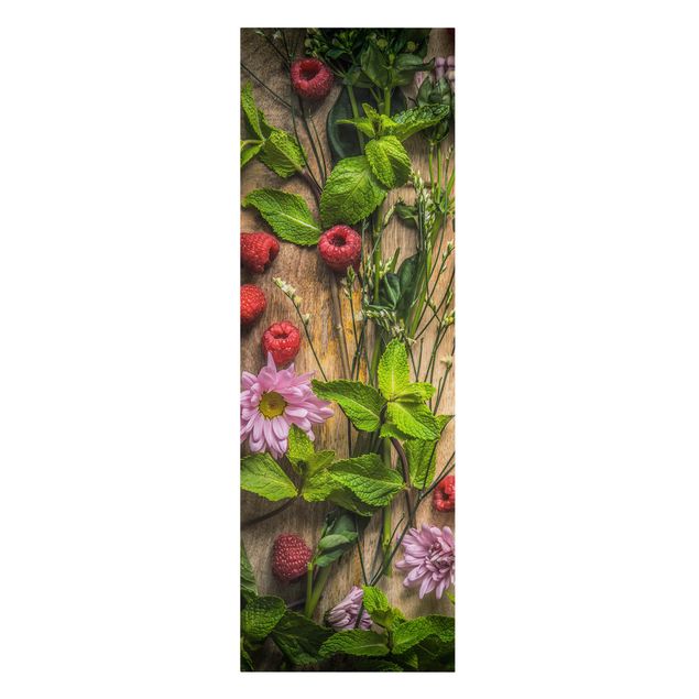 Leinwandbild - Blumen Himbeeren Minze - Panorama Hoch