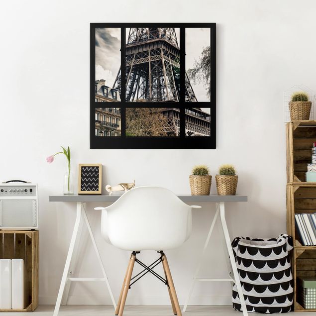 schwarz-weiß Bilder auf Leinwand Fensterausblick Paris - Nahe am Eiffelturm schwarz weiß