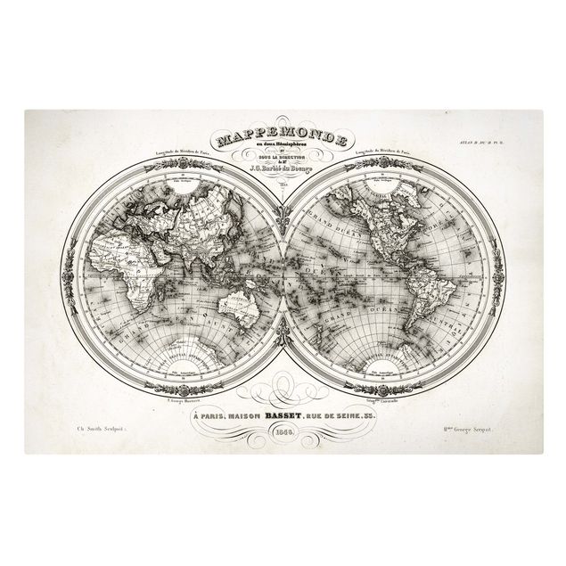 Leinwandbild Schwarz-Weiß - Französische Karte der Hemissphären von 1848 - Quer 3:2