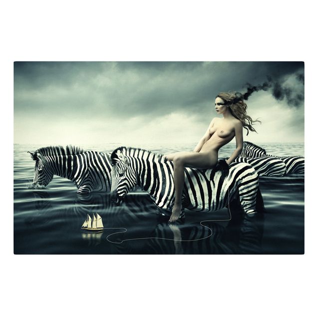 Leinwandbild - Frauenakt mit Zebras - Quer 3:2