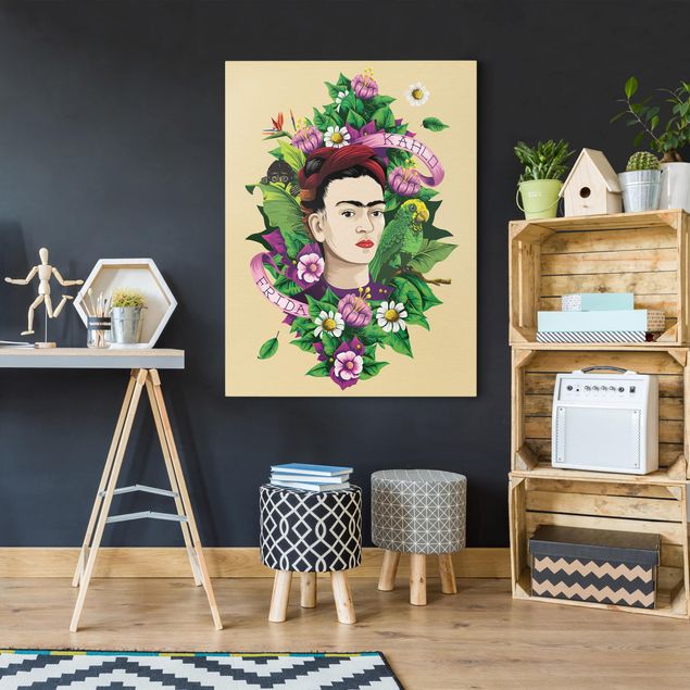 schöne Leinwandbilder Frida Kahlo - Frida, Äffchen und Papagei