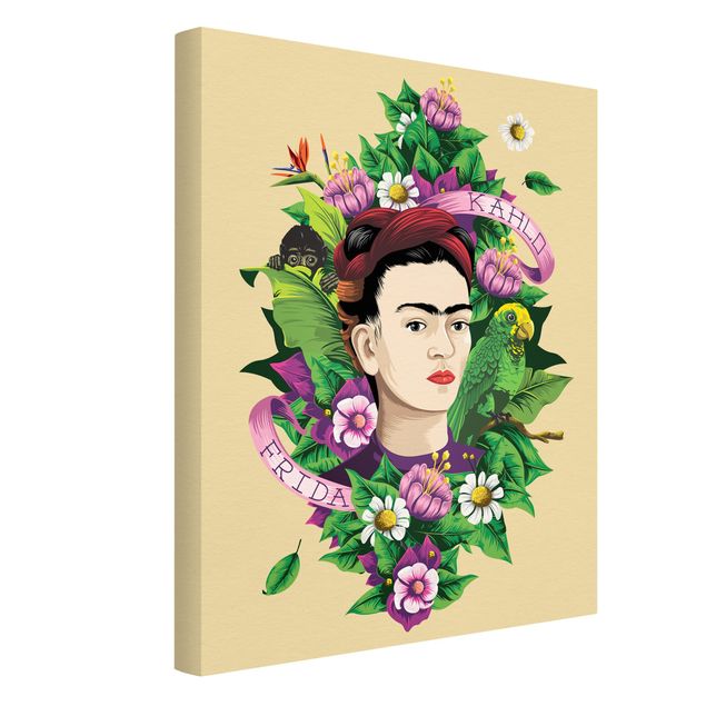 Leinwandbild - Frida Kahlo - Frida, Äffchen und Papagei - Hochformat 3:4