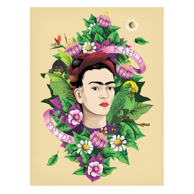 Leinwandbild - Frida Kahlo - Frida, Äffchen und Papagei - Hochformat 3:4
