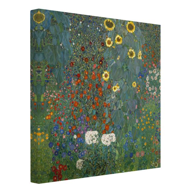 Leinwandbild Gustav Klimt - Kunstdruck Bauerngarten mit Sonnenblumen - Quadrat 1:1 -Jugendstil