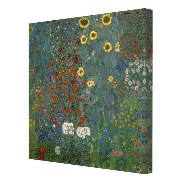 Leinwandbild Gustav Klimt - Kunstdruck Bauerngarten mit Sonnenblumen - Quadrat 1:1 -Jugendstil