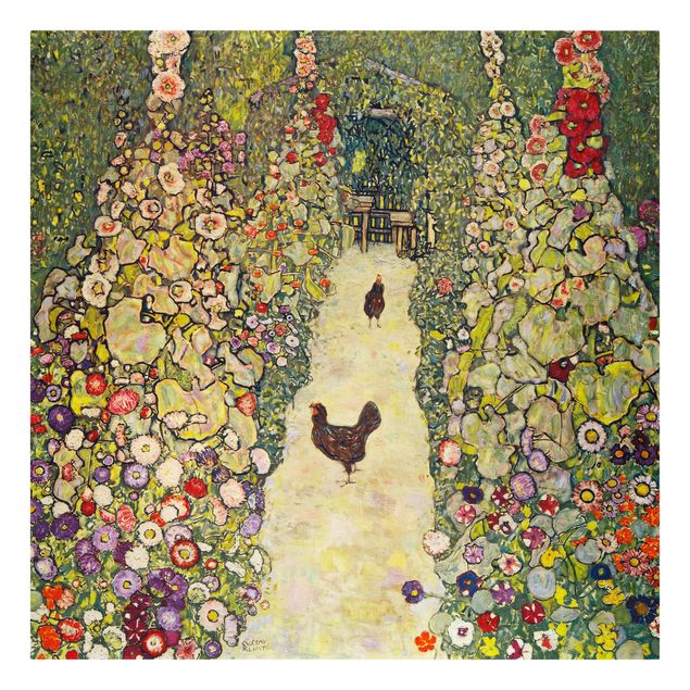Leinwandbild Gustav Klimt - Kunstdruck Gartenweg mit Hühnern - Quadrat 1:1 -Jugendstil